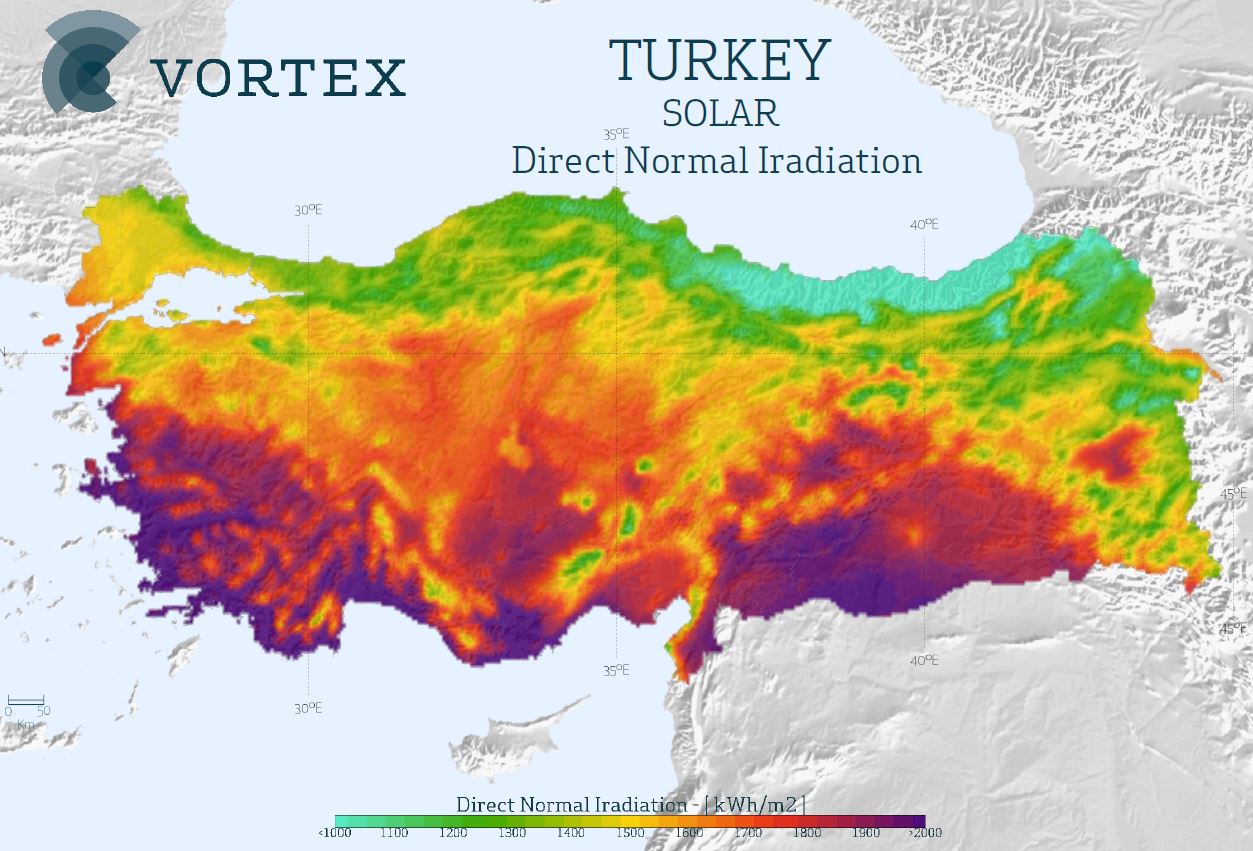 Türkiye direk güneş radyasyon haritası
