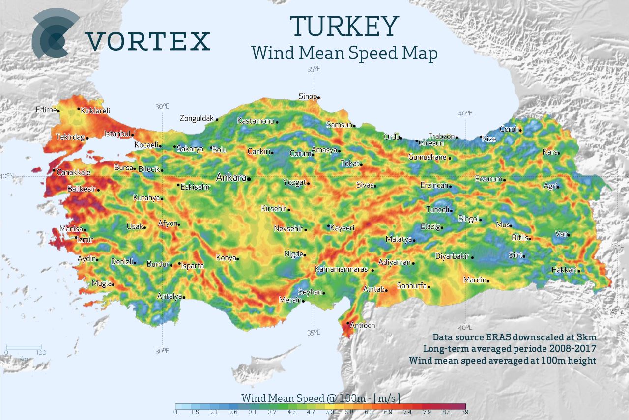 Türkiye 3km çözünürlük ile hazırlanmış Rüzgar Atlası